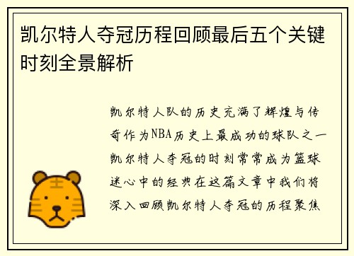 凯尔特人夺冠历程回顾最后五个关键时刻全景解析