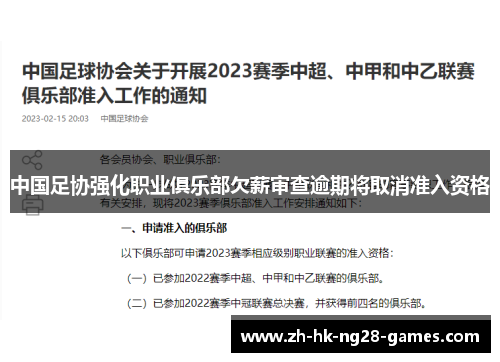 中国足协强化职业俱乐部欠薪审查逾期将取消准入资格