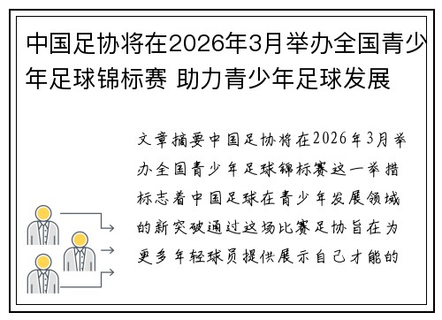 中国足协将在2026年3月举办全国青少年足球锦标赛 助力青少年足球发展