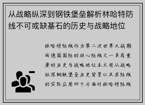 从战略纵深到钢铁堡垒解析林哈特防线不可或缺基石的历史与战略地位 从战略纵深到钢铁堡垒解析林哈特防线不可或缺基石的历史与战略地位