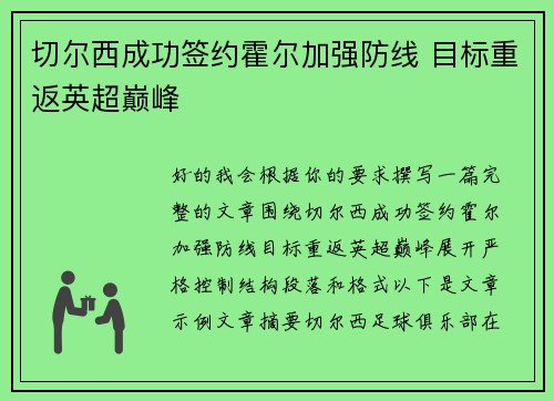 切尔西成功签约霍尔加强防线 目标重返英超巅峰