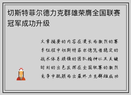 切斯特菲尔德力克群雄荣膺全国联赛冠军成功升级 切斯特菲尔德力克群雄荣膺全国联赛冠军成功升级